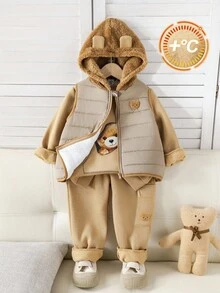 3件套男童卡其色加厚保暖休闲舒适百搭可爱小熊印花圆领套头卫衣+休闲加厚长裤+无袖连帽背心外套套装，秋冬季 - 卡其色 - 查看 8