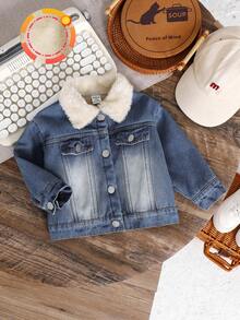 SHEIN 婴儿/男婴/女婴加厚牛仔夹克，保暖内衬加厚绗缝外套，舒适休闲日常时尚个性化，适合室内、户外、日常、运动、玩耍、派对、拍照、节日、万圣节、圣诞节、秋冬季 - 藍色 - 查看 1