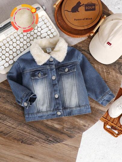 SHEIN Vadderad jeansjacka för baby/baby pojke/flicka, termofodrad, förtjockad quiltad kappa, bekväm, avslappnad, vardaglig, personlig, lämplig för inomhus, utomhus, dagligt, sport, lek, fest, fotografering, festival, halloween, jul, höst och vinter