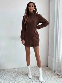 EURMUSE Solid Color Turtleneck Knit Dress, Casual Elegant For Fall/ Thanksgiving Office Dark Brown - Brown - View 5