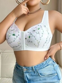 Snug Zone 1pc Front Button Embroidered Plus Size Wireless Bra Plus Size Bras Flower Bra Front Closure Bras Cute Bras - White - View 5