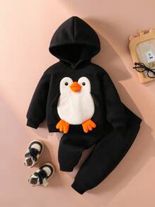 SHEIN Infant/Toddler Boys 2-Piece Set: Sweatshirt With Cute Penguin Applique & Embroidery, Long Sleeve Top And Pants Set Fall Winter