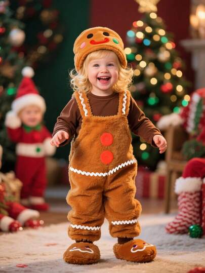 SHEIN Playful Pals Infant/Toddler Boys' Cute Plush Gingerbread Man Themed Romper With Pants, Hat & Foot Cover Set, Christmas Holiday Fall Winter