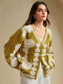 Anewsta Áo khoác len cardigan dệt kim hở cổ, tay dài, một hàng khuy, họa tiết hoa dành cho nữ - Màu vàng - Xem 5