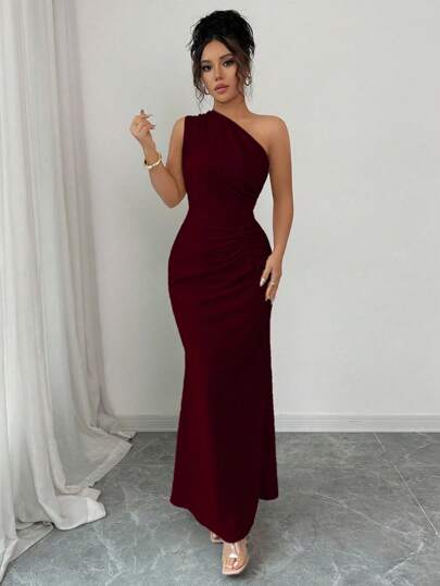 Elenzga Sleeveless Oblique Shoulder Cinched Waist Elegant Romantic Digital Print Women Dress