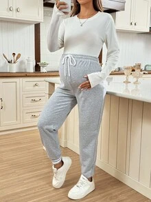 SHEIN Casual Fashion Versatile Simple Comfortable Drawstring Loose Maternity Sweatpants - Light Grey - View 3
