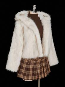 SHEIN ICON 加大码白色仿毛兔耳连帽蓬松大衣，甜美 Y2K 风格 - 白色 - 查看 5