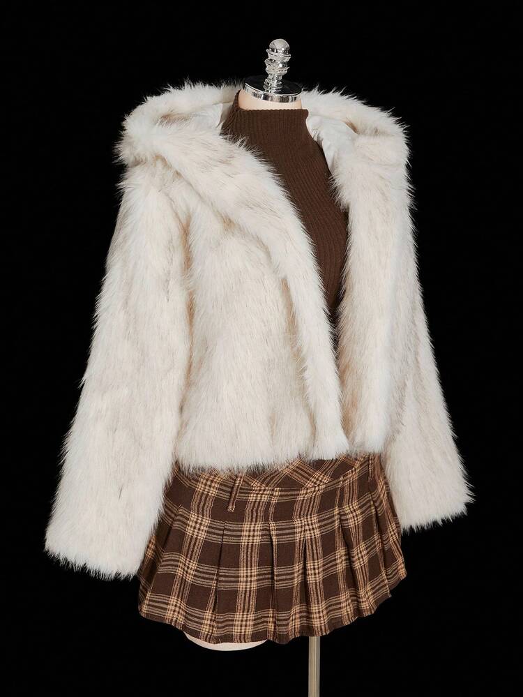 SHEIN ICON 加大码白色仿毛兔耳连帽蓬松大衣，甜美 Y2K 风格 - 白色 - 查看 5