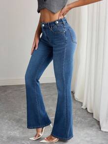 Elenzga Women's Solid Color Casual Jeans - Medium Wash - View 4