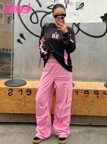 SHEIN Explorewe Streecool 儿童和青少年两件套：宽松连帽衫，带图案印花和工装裤，适合春秋季休闲装，适合上学和日常穿着 - 玫紅色 - 查看 1