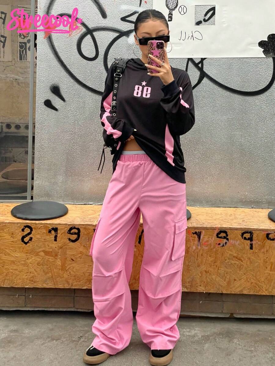 SHEIN Explorewe Streecool 儿童和青少年两件套:宽松连帽衫,带图案印花和工装裤,适合春秋季休闲装,适合上学和日常穿着 - 玫紅色 - 查看 1