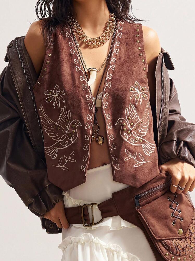 Bohemela 秋冬休闲度假纯色梭织刺绣修身女式轻便夹克 - 棕色 - 查看 1