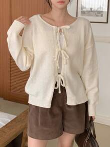 DAZY 女士圆领系带装饰宽松休闲长袖开衫，秋季女装 - 米色 - 查看 1