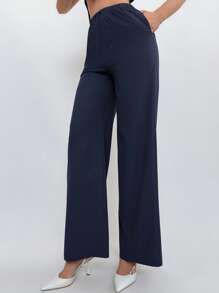 Aloruh 性感纯色露背挂脖上衣+长裤套装，夏季 - 藏蓝色 - 查看 3