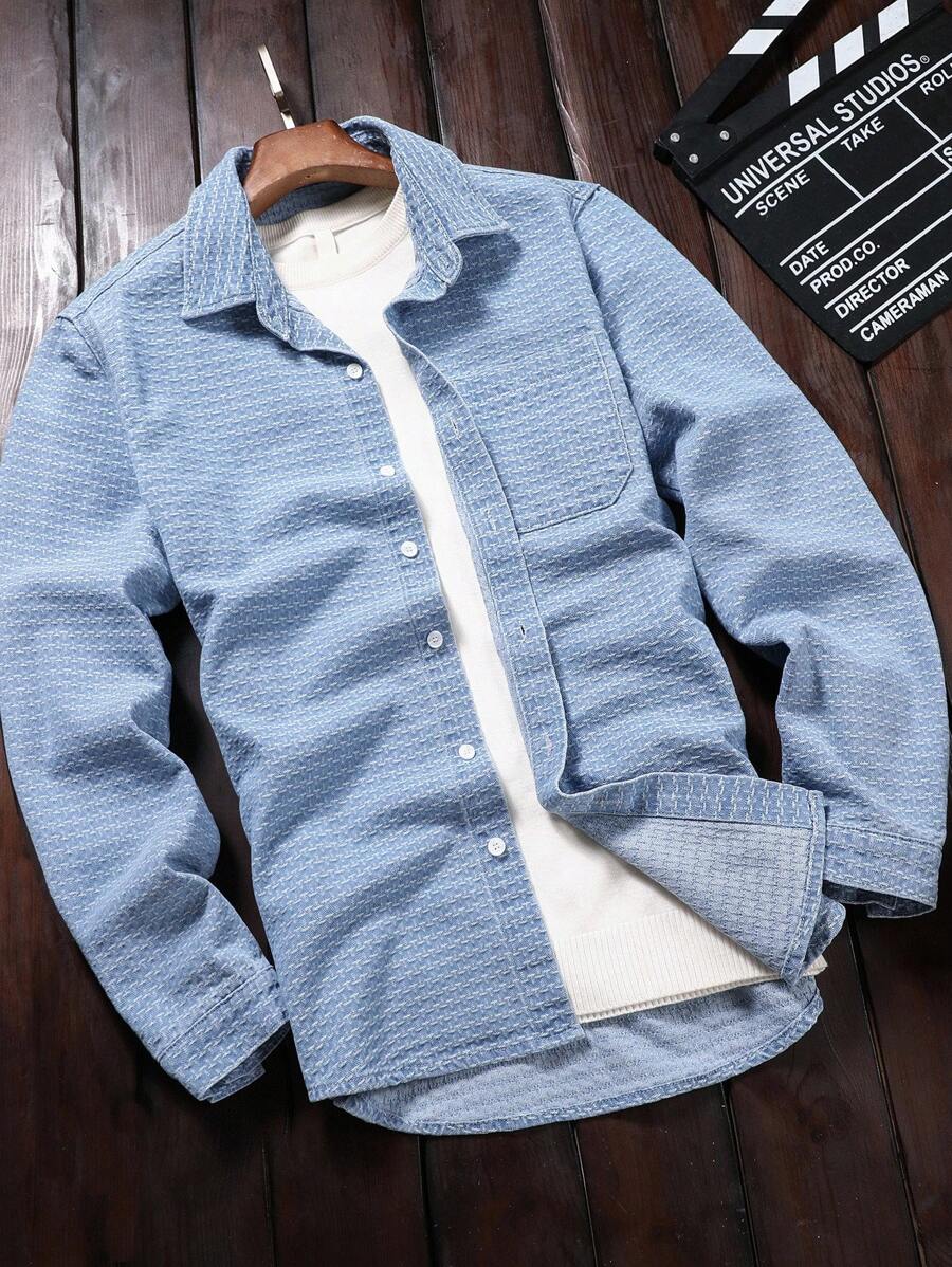 Manfinity Homme Men's Light Blue Casual Light Blue Casual Button-Down Denim Shirt, Fall - Light Wash - View 1