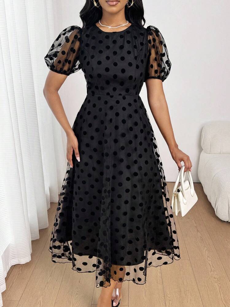 SHEIN Lady New Black Dress Mesh Fabric Polka Dot Elegant Dress Four Seasons Polka Dot Dress Fall Women Clothes Business Casual Woman Office Outfits For Women Work Outfits For Women Work Clothes Women Birthday Dress Church Outfits Women Concert Outfit Women Church Dresses For Women Airport Outfit For Women Business Casual Outfits Women Black Formal Dress Women Black Mini Dress Polka Dot Dress  Polka Dot Skirt,Black Dresses Classy Elegant - Black - View 7