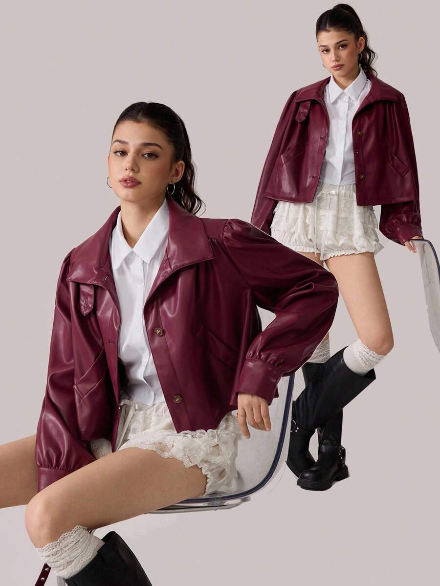 SHEIN MOD 女士时尚休闲 PU 皮革前扣立领夹克 - 酒紅色 - 查看 1