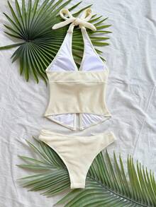 Soleia Fashionable Sexy Halter Tie Knot Hem Slit Open Back Camisole + Triangle Panty 2 Pieces Set Cream Bathing Suit Summer Bathing Suits Halter Bathing Suit,Party - Yellow - View 2