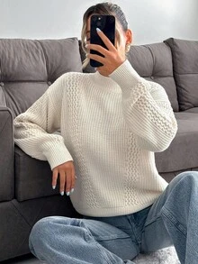 SHEIN Tall Áo len dệt kim màu trơn cỡ lớn cho nữ - Màu be - Xem 4