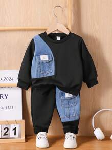 SHEIN 2 件套男婴牛仔拼布圆领运动衫和黑色裤子套装，休闲日常穿着 - 彩色 - 查看 1