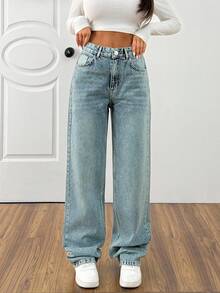 EURMUSE Stylish Women's Denim Straight Leg Jeans In Medium Wash With Zipper Detail And Plain Pattern Long For Casual Outfits - Medium Wash - View 7