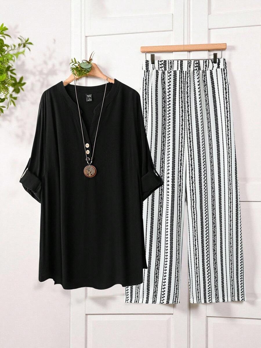 EMERY ROSE Plus Size Women 2pcs Set: Casual T-Shirt & Printed Pants,Fall Clothes For Women - Multicolor - View 1