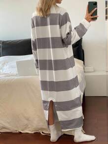 DAZY 英文卡通印花条纹宽松长袖睡衣连体裤，秋冬款 - 灰色 - 查看 2