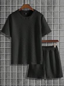 Manfinity Homme Bộ áo thun và quần short họa tiết trơn màu dành cho nam, trang phục ấm áp - màu đen - Xem 2