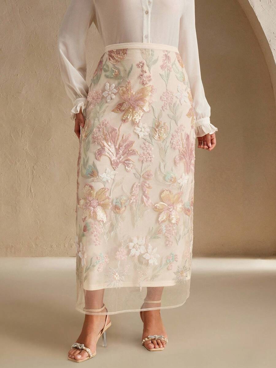 Anewsta 优雅时尚的串珠刺绣设计裙子，夏季 - 杏色 - 查看 1