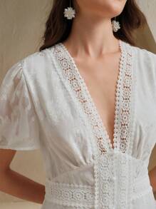 Anewsta Vestido Elegante Azul com Renda e Manga Curta, Estilo Boêmio para Festivais de Música, Primavera/Verão, Feminino - Branco - Visão 2