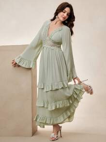 Anewsta Französisches minimalistisches Rüschen V-Ausschnitt Langarm Glockenkleid - Grün - Übersicht 6