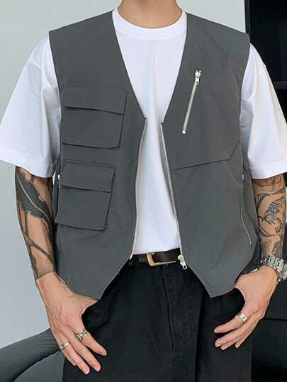 Manfinity Dauomo جاكيت صدرية كاجوال للرجال بجيب قابل للطي، جاكيت صدرية أحادية اللون للتنزه والاستخدام العملي