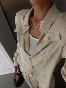DAZY 2 Stücke Damen Lässig Vintage Münzen Muster Langarm Top und Weite Bein Hose Set Loungewear für Frauen - Aprikosenfarben - Übersicht 1