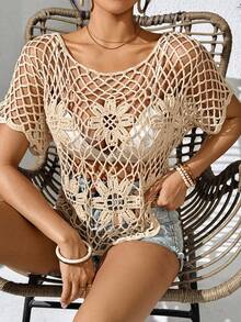 Swim Lushoire 女士手工钩编短袖沙滩罩衫 - 杏色 - 查看 3