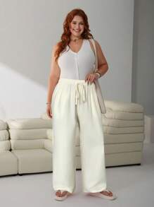 SHEIN EZwear Plus Size Solid Color Drawstring Pocket Casual Pants, Spring/Summer,Back To School - Beige - View 5