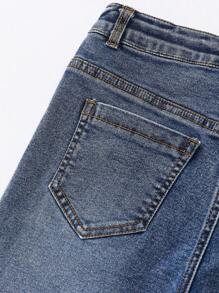 Tween Girl Denim Flare Jeans,High-Waisted Blue Flare Leg Pants With Embroidered Star Pattern,Casual Streetwear For School,Summer Campus Wear,Stretch - Dark Wash - View 7