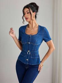 Elenzga Summer Casual Washed Denim Short Sleeve Slim Fit Jacket - Dark Wash - View 6