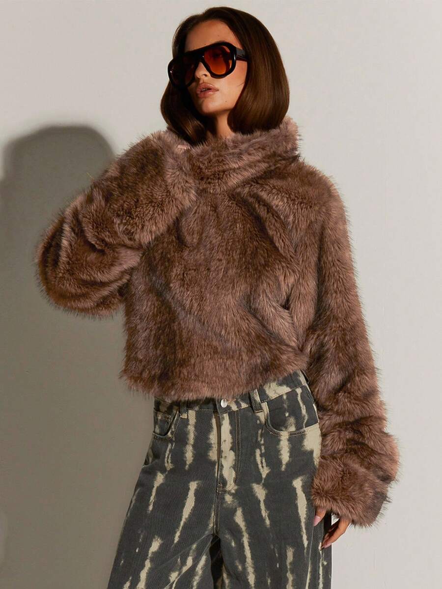 Athîral Women's Mocha Faux Fur Regular Jacket | Cloud-Soft Faux Fur Fabric, Cropped Relaxed Fit, Sculpted Lapel Collar, Long Sleeves, Ultra-Plush Texture, Minimalist Luxe Details For Effortless Fall And Winter Layering,Women's Winter Coat,New Year Clothes ,Stand Collar Fur Jumper, Winter Warm, Stylist, Fur Coat, Brown Jacket Women, Women Winter Clothes - Brown - View 1