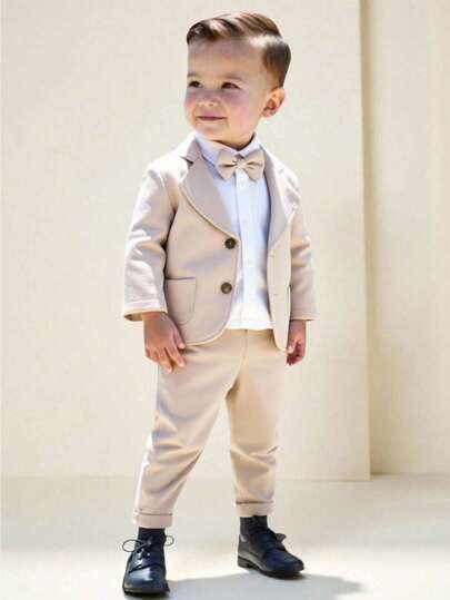 3pcs Toddler Boys' Casual Formal Gentleman Suit Set, Includes Loose Fit Solid Color Long Sleeve Blazer Jacket With Pockets & Contrast Buttons, Elastic Waist Pants And Hat, Suitable For Birthday Party, Wedding, Back To School, 1st Birthday, Christening, Performance, Holiday, Soft & Comfortable Fabric, Children Wedding Party Suit Set Back To School Season Fall Winter