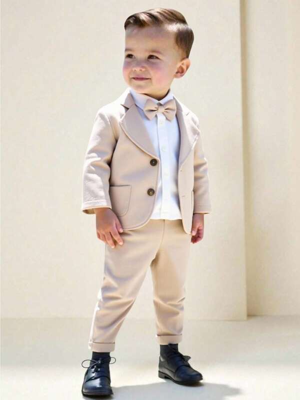 3pcs Toddler Boys' Casual Formal Gentleman Suit Set, Includes Loose Fit Solid Color Long Sleeve Blazer Jacket With Pockets & Contrast Buttons, Elastic Waist Pants And Hat, Suitable For Birthday Party, Wedding, Back To School, 1st Birthday, Christening, Performance, Holiday, Soft & Comfortable Fabric, Children Wedding Party Suit Set Back To School Season Fall Winter