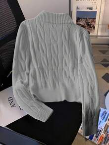 SHEIN MOOSTA Plus Size Women Casual Cable Knit Zip-Up Cardigan - Light Grey - View 2