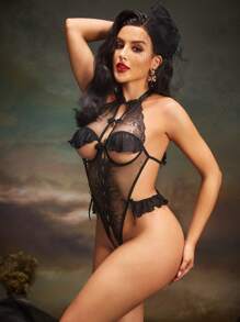 PinupPomp 1 bộ đồ liền thân thêu nơ trơn màu gợi cảm dành cho nữ khi đi chơi - màu đen - Xem 1