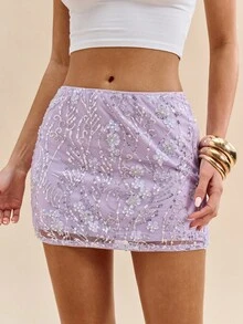 SHEIN BAE 纯色纹理亮片吊带背心裙，度假沙滩裙花卉印花串珠亮片缀饰裙粉色裙子 - 淡紫色 - 查看 3