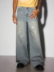 ROMWE MEN Street Life 男式复古蓝色休闲闪亮水钻宽松牛仔裤 - 淺色水洗藍 - 查看 4