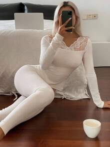DAZY Lace Patchwork Soft Knit Fitted Women Pajama Set, Fall Clothes - White - View 3