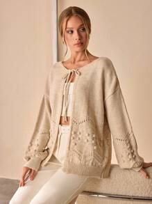 CLARA VERO Áo khoác cardigan tay phồng tua rua cỡ lớn cho nữ - Màu be - Xem 3