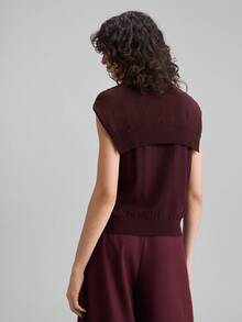 Ontre Elegant Style, Minimalist Design, Wine Red, Knitted Shawl, V-Neck Sleeveless Knit, Knit 2 In 1, Fitted Silhouette, Women's Knit Two Pieces Set, Women's Knit Top, Autumn Clothing, Everyday Wear, Casual Wear, Business Casual Burgundy Purple Christmas Modern Urban Casual Fashion Business Casual Women's Office Wear Low-Key Old Money Style Effortless Temperament High-End Urban Commuting High-Quality Airport Women's Wear High-End Material - Burgundy - View 3