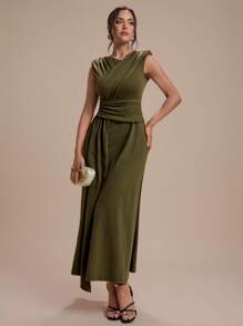 Modelyn 女士优雅纯色褶饰连衣裙，夏季 - 軍綠色 - 查看 3