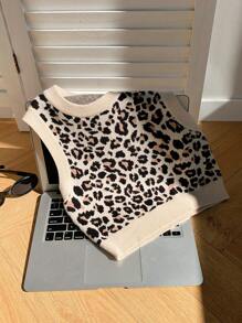 Tween-Mädchen Lässiger, bequemer Strickpullover mit Patchwork-Muster und Leopardenmuster, runder Halsausschnitt, ärmellos