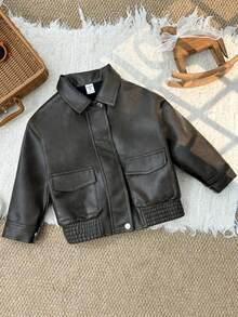 SHEIN Kids/Young Boy Casual Everyday Versatile Comfortable PU Collar Patch Pocket Loose Woven Thick Motorcycle Jacket, Suitable For School, Garden, Beach, Birthday, Spring, Summer, Fall, Winter - Bronze - View 10
